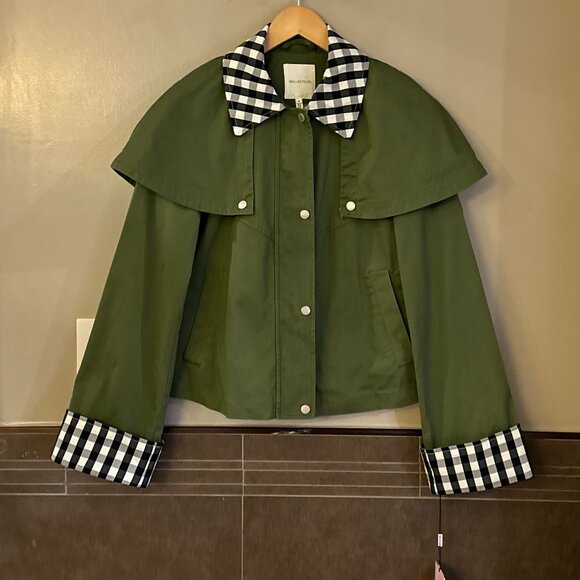 Avec Les Filles Cotton-Blend Gingham Trim Cape Jacket (Olive Green) - Picture 6 of 16